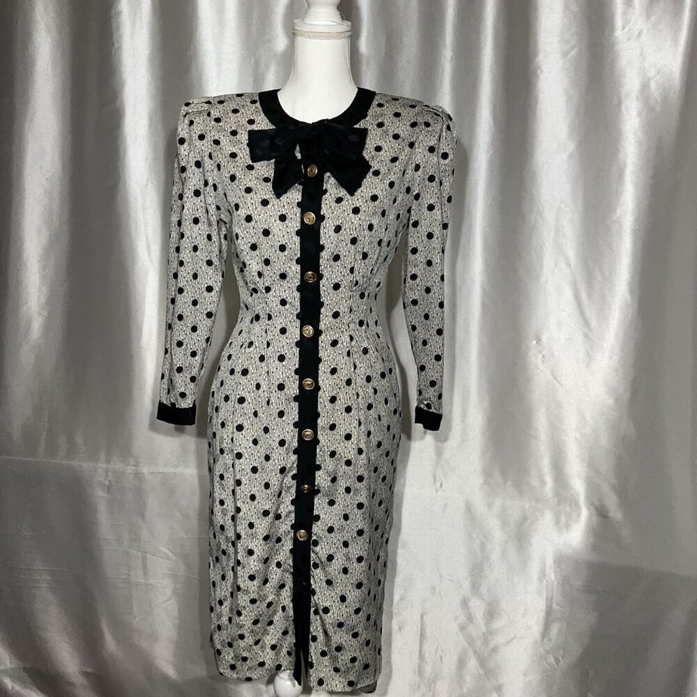 Vintage-Inspired Black & White Polka Dot Midi Dress With Gold Buttons & Bow Deta - Picture 2 of 15